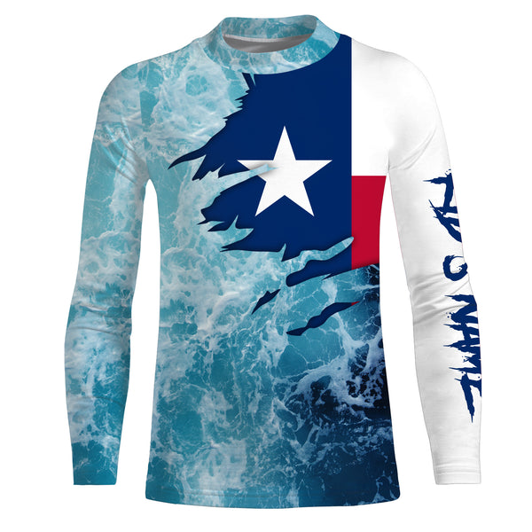 Texas flag fishing Saltwater Long sleeve customized name Fishing Shirts UV Protection, Sea wave camo blue Fishing Shirts NQS2567