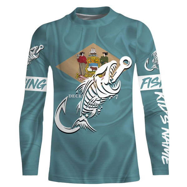 DE Fishing Custom Delaware Flag Fish hook skull Custom sun protection fishing shirts for men, women NQS3392