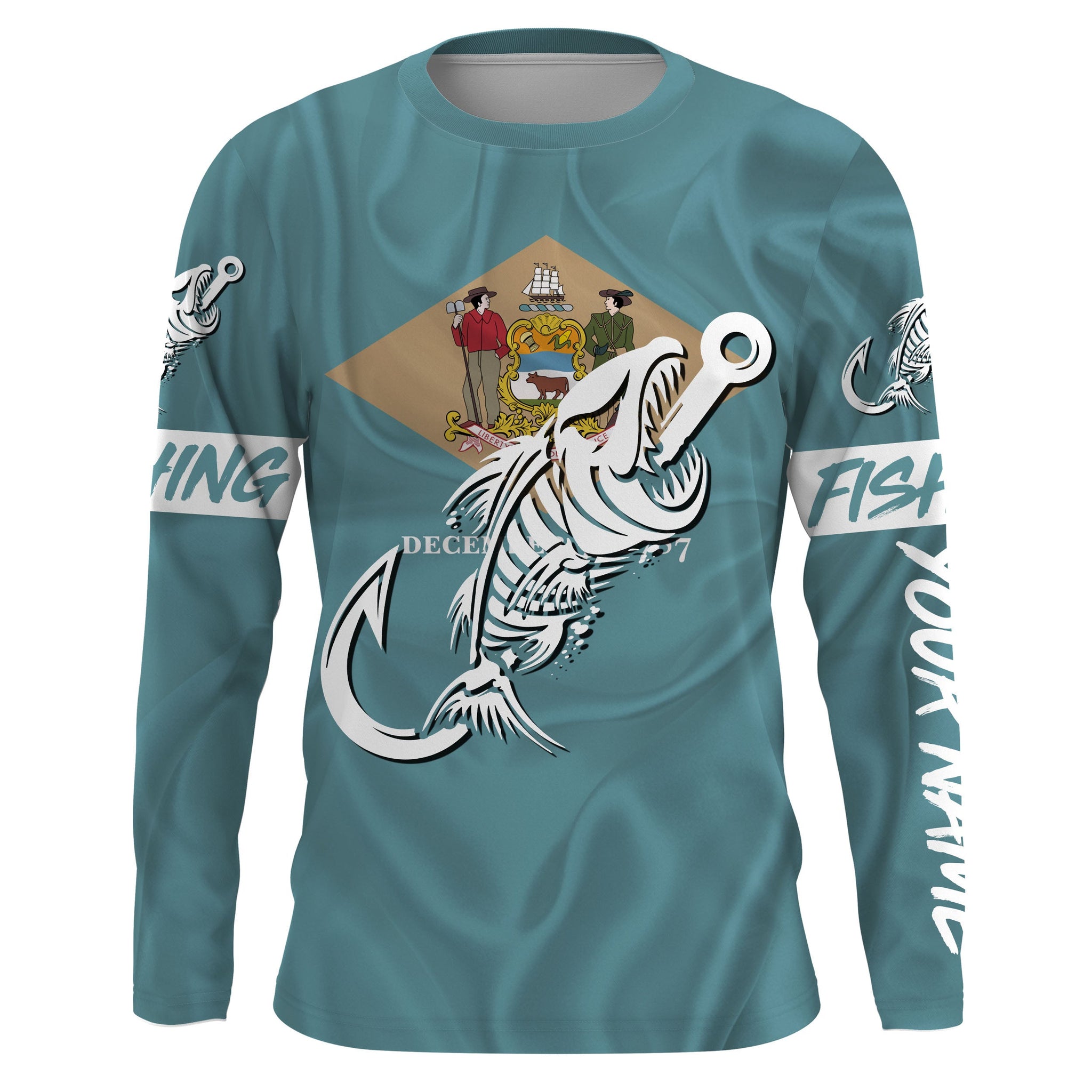 DE Fishing Custom Delaware Flag Fish hook skull Custom sun protection fishing shirts for men, women NQS3392