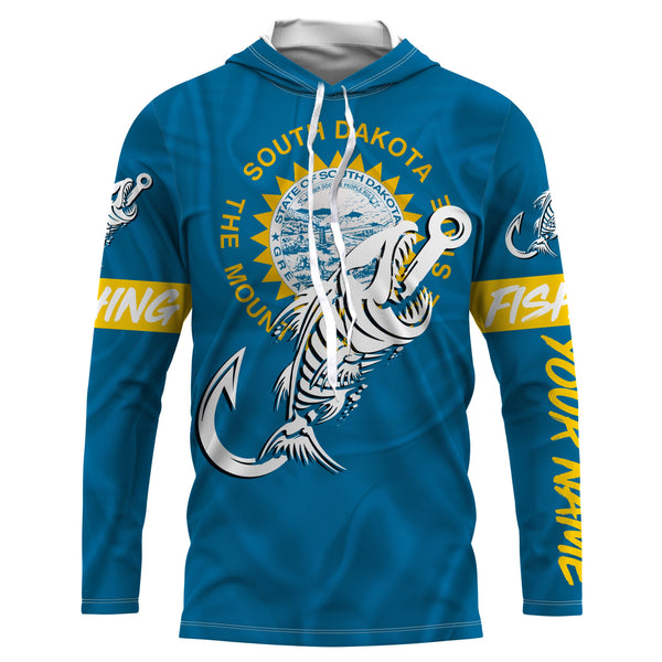 SD South Dakota Fishing Flag Fish hook skull Custom sun protection fishing shirts for men, women, kid NQS3406