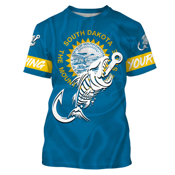 SD South Dakota Fishing Flag Fish hook skull Custom sun protection fishing shirts for men, women, kid NQS3406