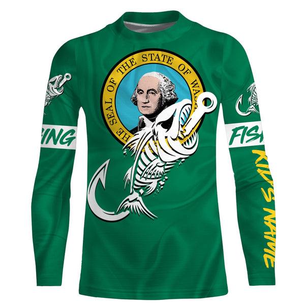 WA Washington Fishing Flag Fish hook skull Custom sun protection fishing shirts for men, women, kid NQS3409