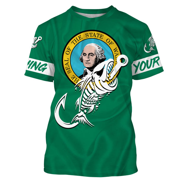 WA Washington Fishing Flag Fish hook skull Custom sun protection fishing shirts for men, women, kid NQS3409