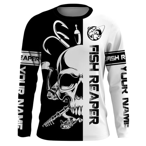 Fish reaper fishing black and white Custom Name 3D UV Protection fishing Shirts, fishing apparel NQS3023