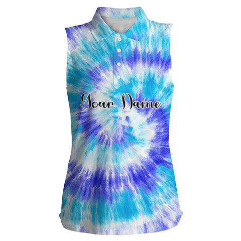 Womens sleeveless polo shirts blue turquoise tie dye background custom name golf shirt, golfing gift NQS4075