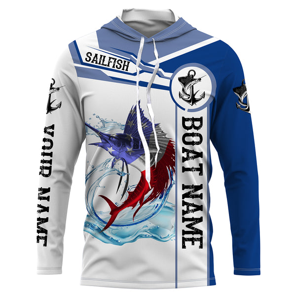 Sailfish Fishing American Flag Custom name and boat name performance Long Sleeve Fishing Shirts, Patriotic Fishing gifts NQS2339