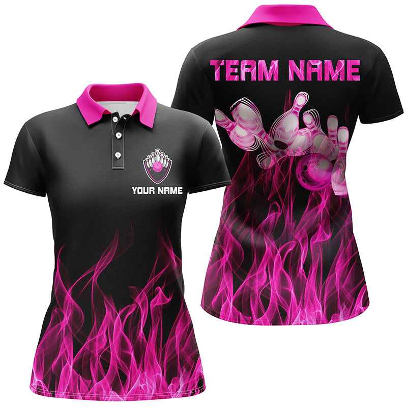 Black and Pink flame Womens bowling polo shirt Bowling Jerseys Personalized Bowling Team Shirts NQS5880