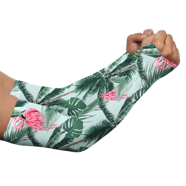 Golf Arm Sleeves long fingerless gloves  with Pink flamingos tropical palm leaves NQS3712