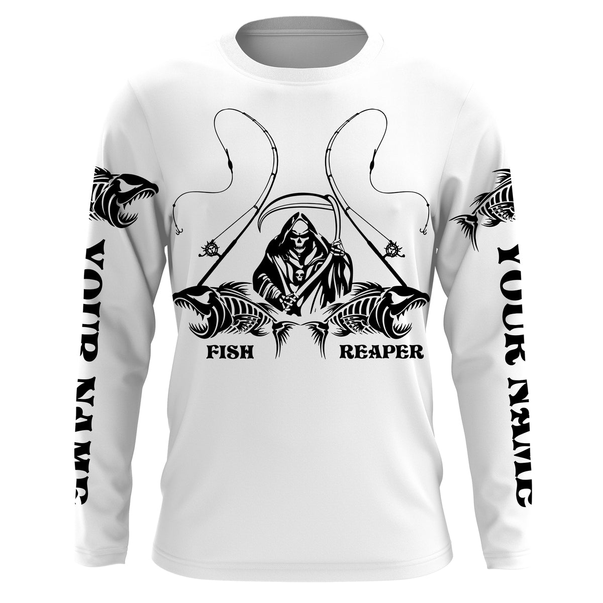 Personalized Fish reaper Fishing jerseys, fish skull Long Sleeve Fishing tournament shirts | White NQS3718