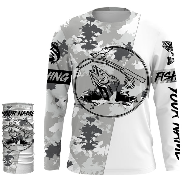 Ice fishing walleye winter camo ice fishing clothing Custom name UV protection performance fishing shirt, gift for fisherman NQS2594