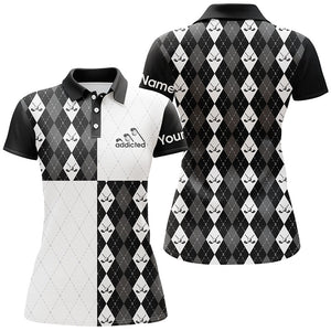 Golf addicted Womens golf polo shirts custom name black and white golf ball clubs argyle plaid pattern NQS5439