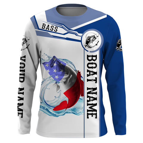 Largemouth Bass Fishing American Flag Custom name and boat name performance Long Sleeve Fishing Shirts, Patriotic Fishing gifts NQS2351