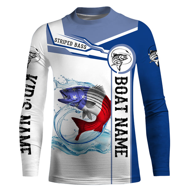 Striped Bass Fishing American Flag Custom name and boat name performance Long Sleeve Fishing Shirts, Patriotic Fishing gifts NQS2352