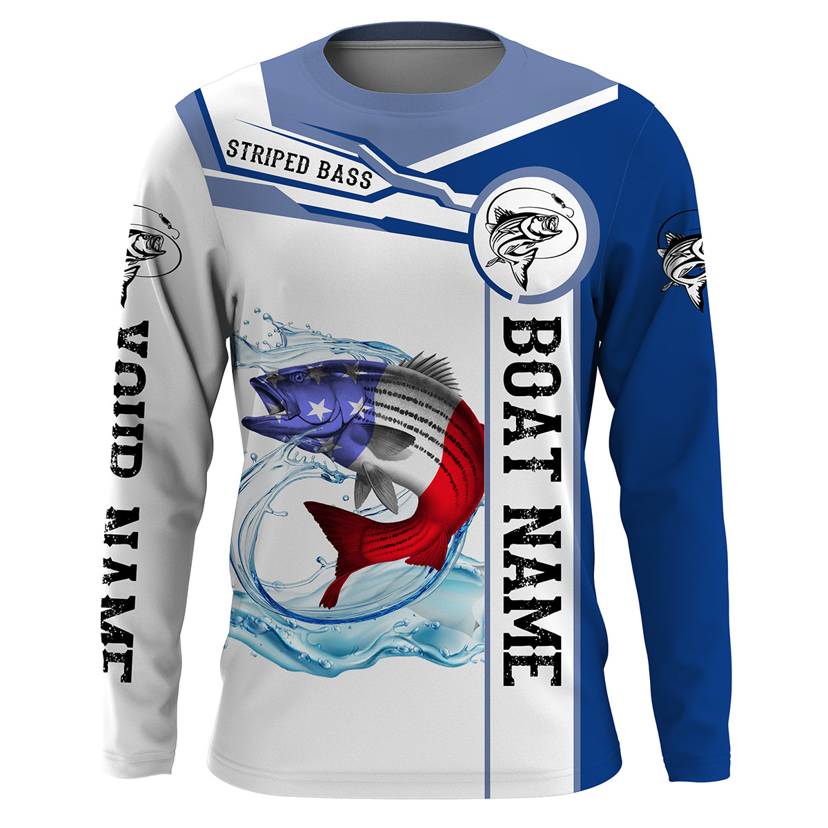 Striped Bass Fishing American Flag Custom name and boat name performance Long Sleeve Fishing Shirts, Patriotic Fishing gifts NQS2352