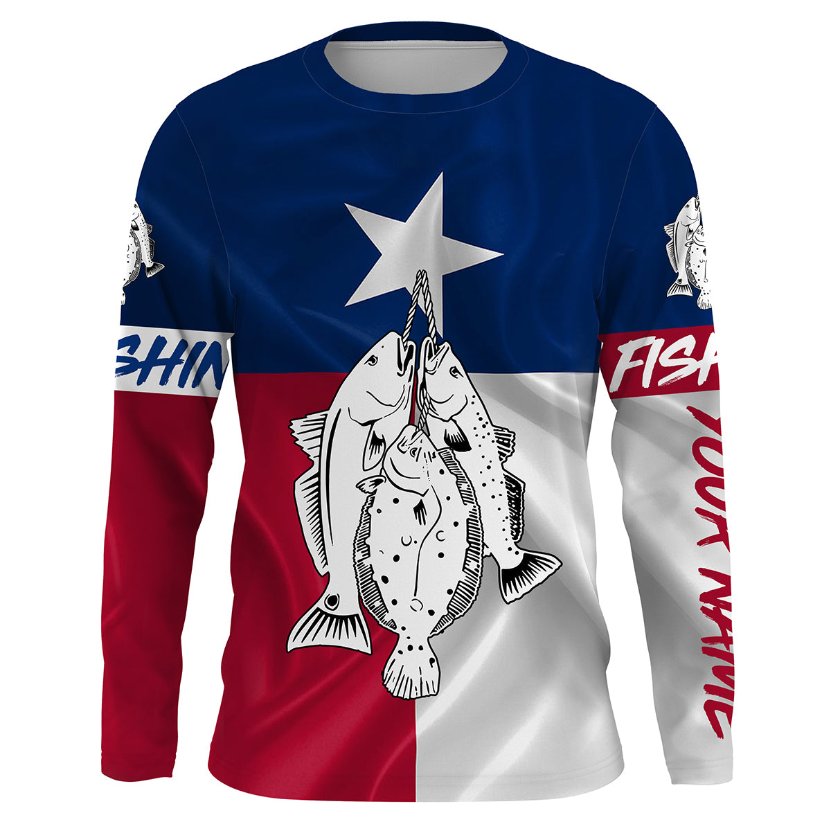 Texas slam redfish, speckled trout, flounder fishing Texas flag patriotic Custom name UV protection performance fishing shirt NQS2618