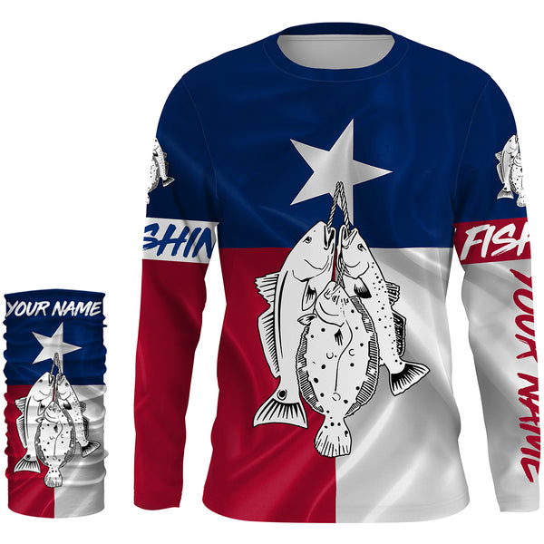 Texas slam redfish, speckled trout, flounder fishing Texas flag patriotic Custom name UV protection performance fishing shirt NQS2618