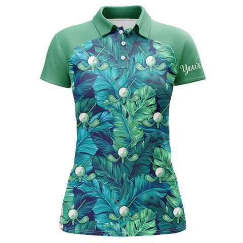 Women golf polo shirt green tropical leaves custom name green golf polo shirts, golfing gift NQS3761