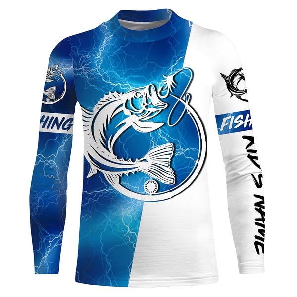 Bass Fishing tattoo blue lightning Customized Name UV Protection UPF 30+ Fishing jerseys performance apparel NQS2644