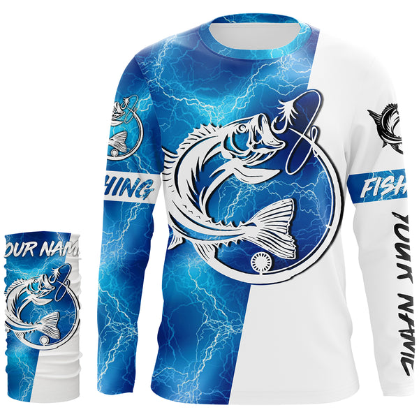 Bass Fishing tattoo blue lightning Customized Name UV Protection UPF 30+ Fishing jerseys performance apparel NQS2644