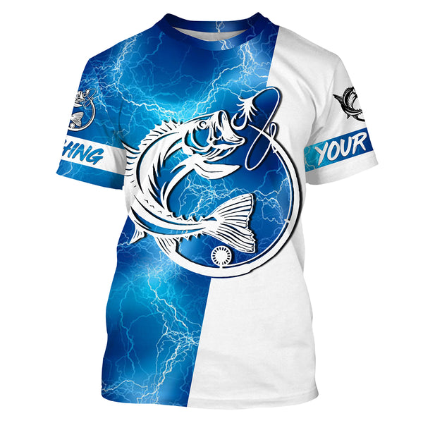 Bass Fishing tattoo blue lightning Customized Name UV Protection UPF 30+ Fishing jerseys performance apparel NQS2644