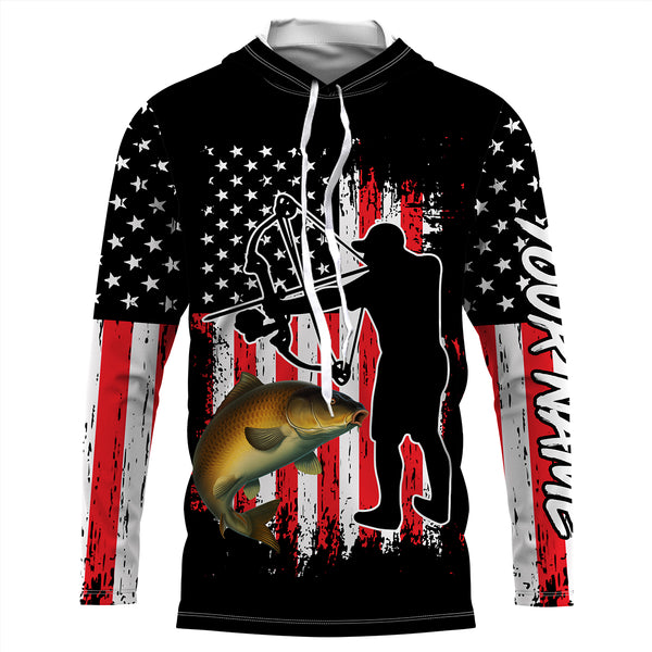 Carp fishing bow fishing American flag patriotic Custom Name UV protection UPF 30+ fishing jersey, bow fishing tournament shirts NQS2969