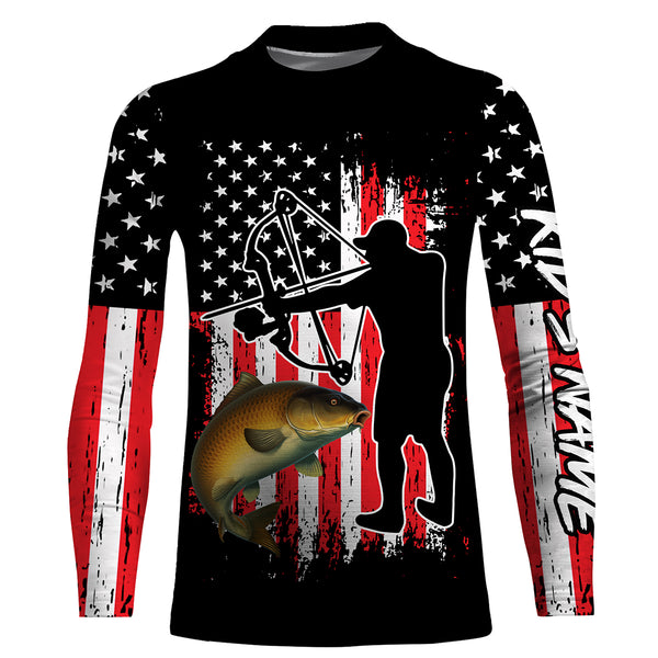 Carp fishing bow fishing American flag patriotic Custom Name UV protection UPF 30+ fishing jersey, bow fishing tournament shirts NQS2969