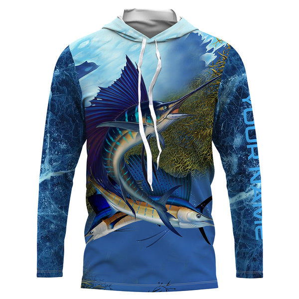 Sailfish fishing blue deep sea Custom UPF fishing Shirts jersey, custom fishing shirts with hood NQS3218