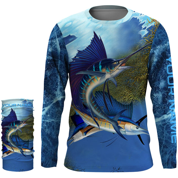 Sailfish fishing blue deep sea Custom UPF fishing Shirts jersey, custom fishing shirts with hood NQS3218