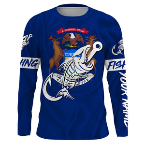 MI Fishing Custom Michigan Flag Fish hook skull Custom sun protection fishing shirts for men, women NQS3321