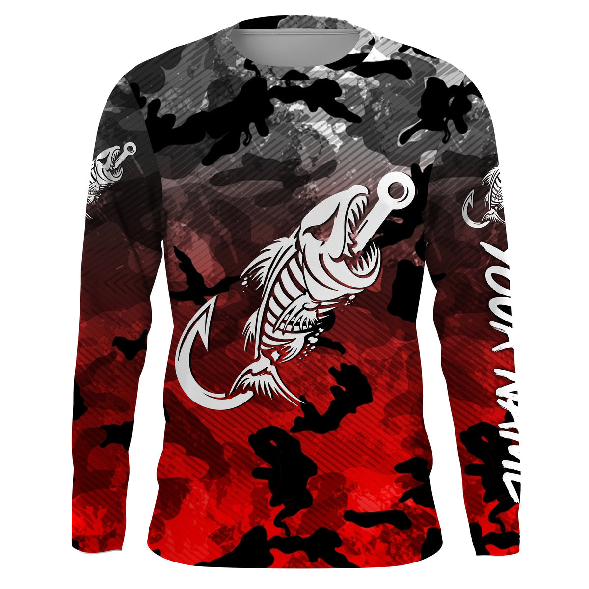 Black Red Camo fishing shirt Fish hook skull Custom Name sun protection mens long sleeve fishing shirt NQS3621