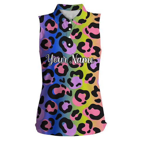 Neon rainbow leopard Womens sleeveless polo shirts custom name gift for golf lovers NQS4165