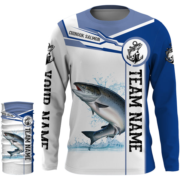 Chinook salmon fishing UV protection quick dry Customize name and team name tournament long sleeves fishing shirts UPF 30 +| Blue NQS2658