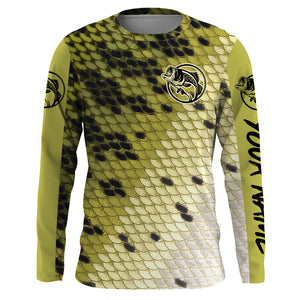 Largemouth Bass fishing green scales Custom Name UV protection UPF 30+ fishing jersey, freshwater fishing tournament shirts NQS2976