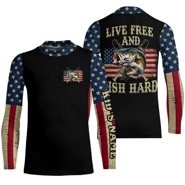 Live Free and Fish Hard American Flag Bass fishing Custom Name 3D All over printed Fishing gift NQS2521