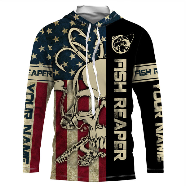 American flag Fish reaper fishing patriotic Custom Name UV Protection fishing jersey Shirts apparel NQS3497