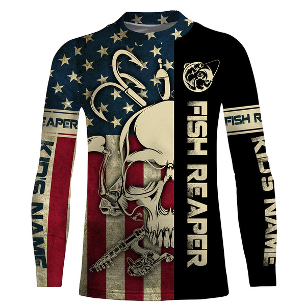 American flag Fish reaper fishing patriotic Custom Name UV Protection fishing jersey Shirts apparel NQS3497