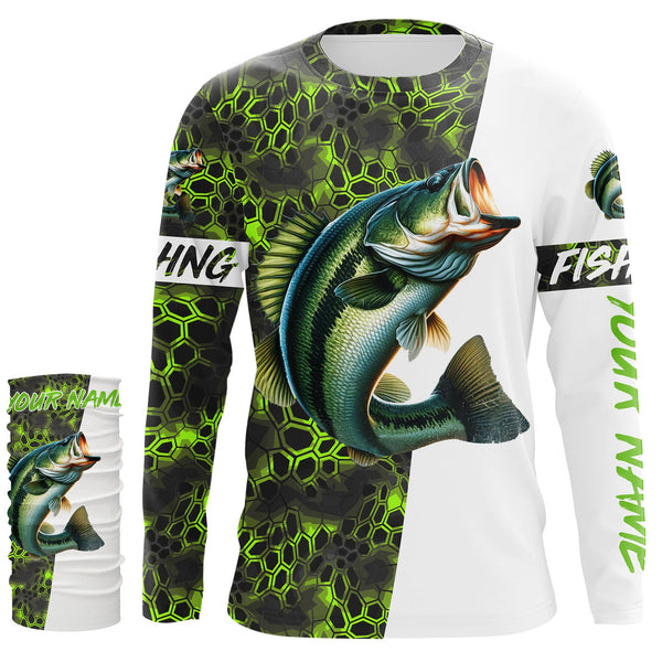 Largemouth Bass fishing clothes green camo Custom fishing Shirts, Bass fishing shirts with hood NQS3083