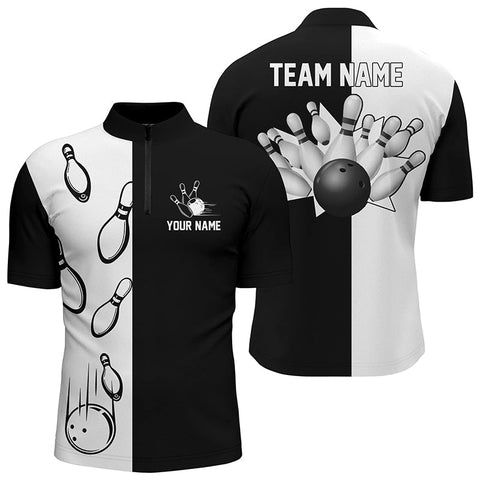 Black and white retro vintage Bowling Quarter Zip shirts for men custom Bowling team jerseys NQS5012