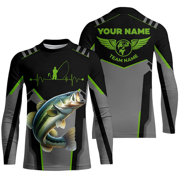 Personalized Black Bass Fishing jerseys, Team Bass Fishing Long Sleeve tournament shirts | Green NQS6190