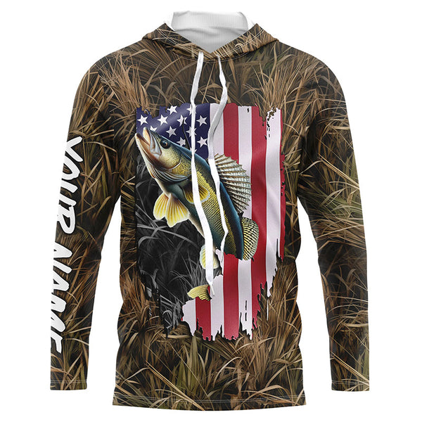 Custom American Walleye fishing camo shirts for men Performance Long Sleeve fishing shirt NQS1032