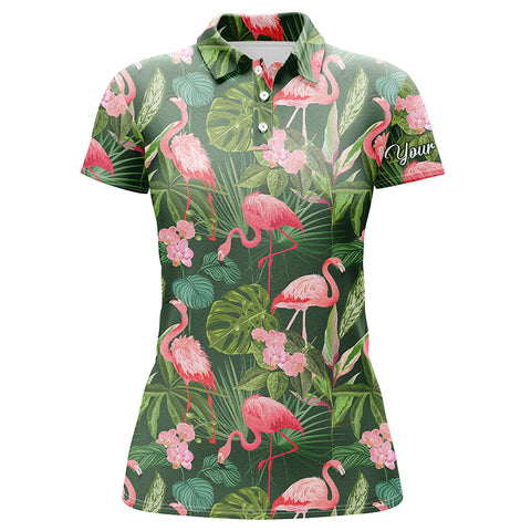 Women golf polo shirts flamingo green tropical palm leaves pattern custom name team golf polo shirts NQS4780