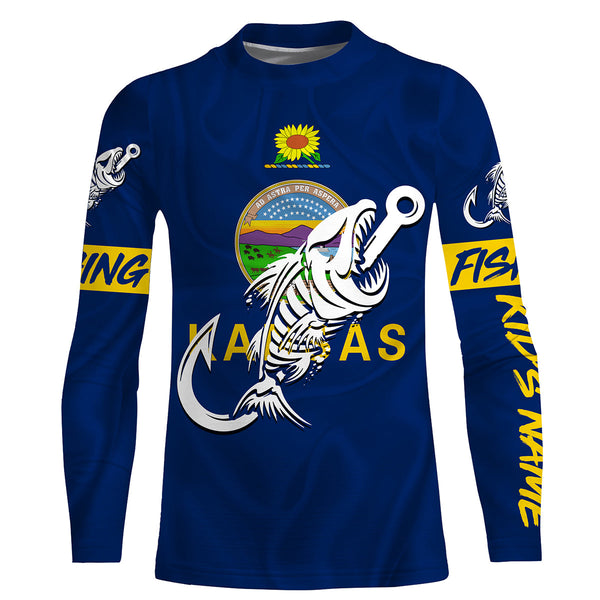 KS Fishing Custom Kansas Flag Fish hook skull Custom sun protection fishing shirts for men, women NQS3349