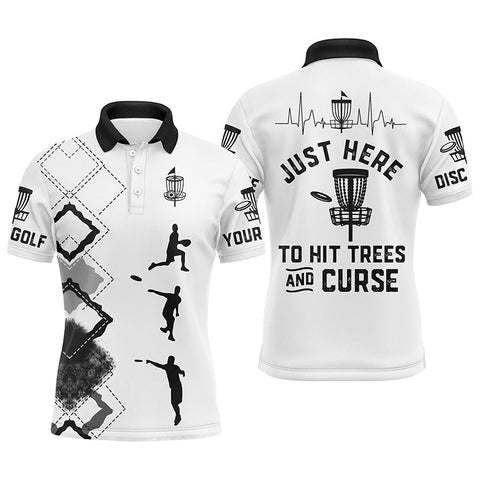 Black white Mens disc golf polo shirt custom name Just here to hit trees and curse, disc golf shirts NQS4603