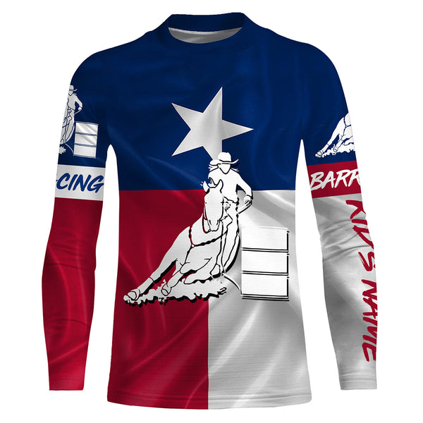 Texas barrel racing Texas flag patriotic Custom Name equestrian clothing, gift for horse lovers NQS3259