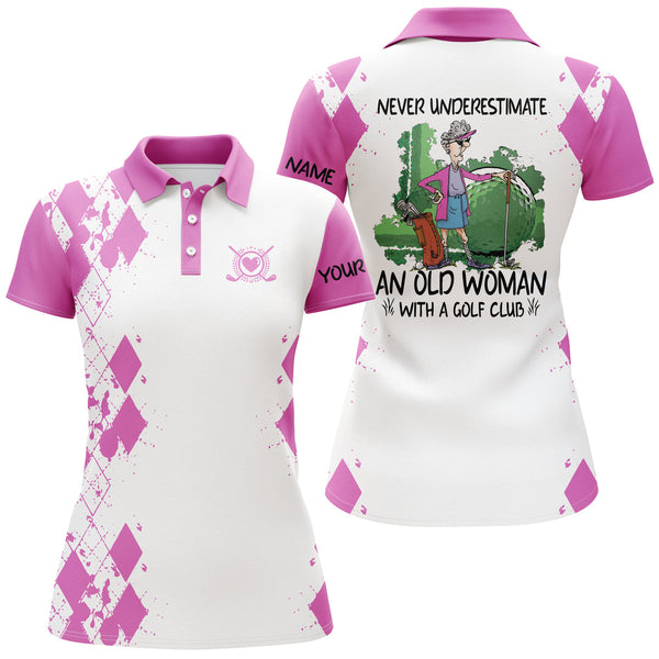 Custom name 3D women golf polo shirts multi-color never underestimate an old woman with a golf club NQS3658