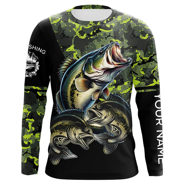 Bass fishing black green camo personalized custom sun protection long sleeve fishing shirts NQS3820