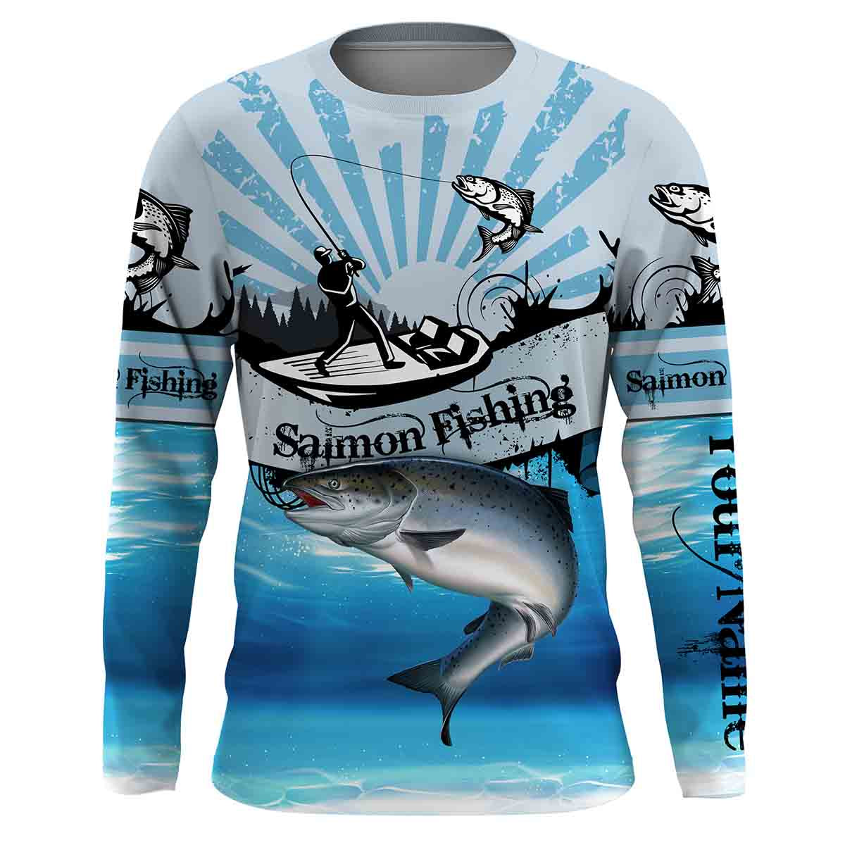 Salmon fishing blue jerseys Custom Name 3D All over Printed UV Protection Shirts, custom fishing gifts NQS3008