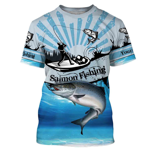 Salmon fishing blue jerseys Custom Name 3D All over Printed UV Protection Shirts, custom fishing gifts NQS3008