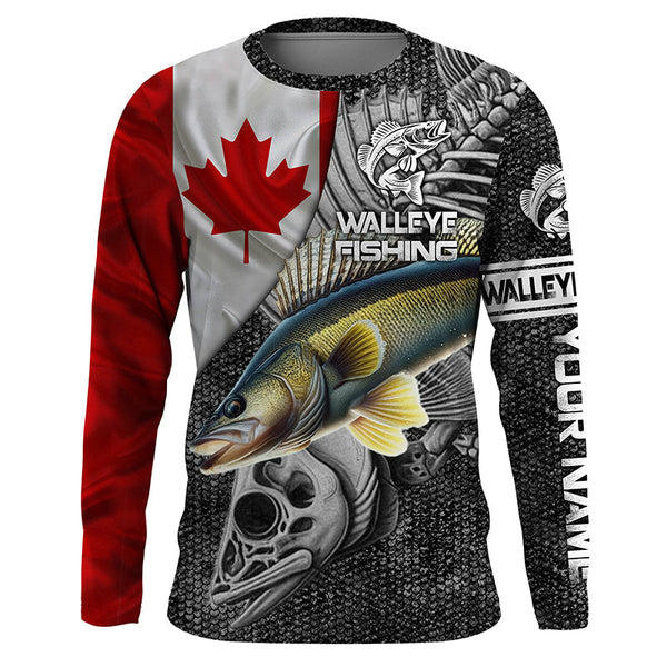 Canadian Flag Walleye Fishing Custom long sleeve performance Fishing Shirts, Walleye Fishing jerseys NQS3530