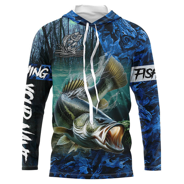 Largemouth bass Fishing blue camo customize name UV protection long sleeves shirts fishing apparel NQS2310